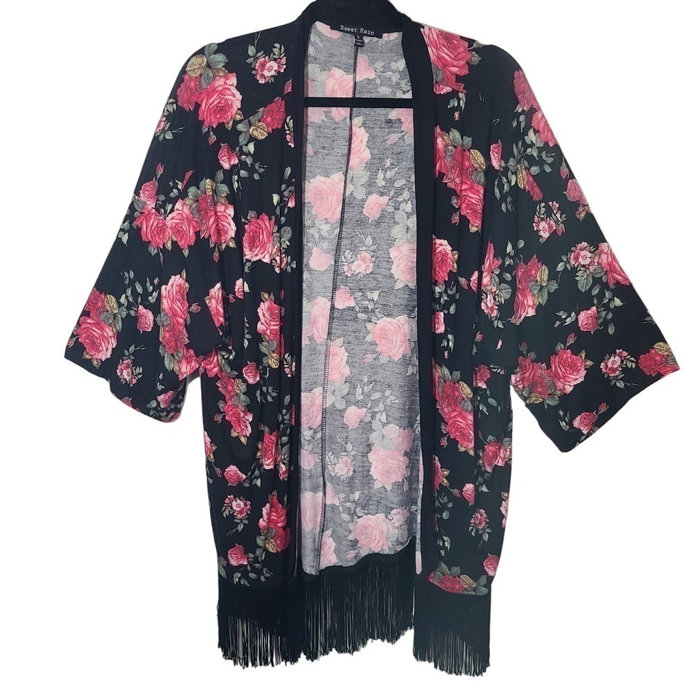 Sweet RainFloral Open Front Cardigan‎ Fringed Trim Size XL